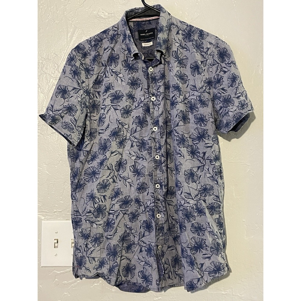 Daniel Hechter Size Medium Blue Cotton Abstract Floral Short Sleeve Button Front